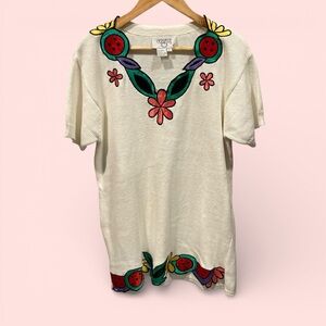 Cute vintage 80s flower power fruit trim chunky sweater knit mini dress oversize